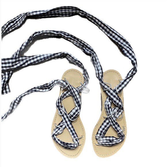 Zara | Gingham Black & White Tie Strap Sandals - Picture 3 of 7